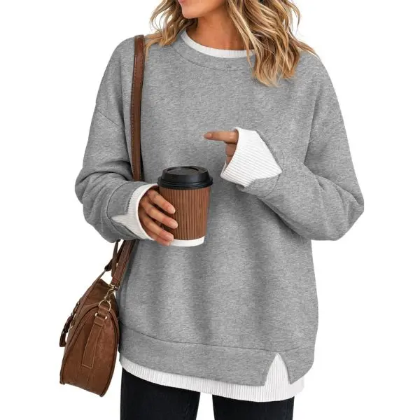 Fisoew Women's Fake Two Piece Layered Sweatshirt Air Layer Fabric Hoodie Crew Neck White Ribbed Cuff & Hem Patchwork Drop Shoulder Oversized Long Sleeve Pullover Top Hoodie Fit Casual,back to school,back to school shopping