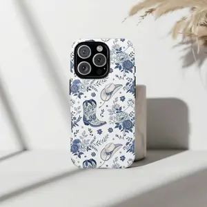 Blue & White Toile Cowboy Phone Case  Coastal Cowgirl Western Floral Aesthetic Suitable  for IP Phone 17 16 15 14 13 12 11 X XR Plus/Air/Pro Max/Pro,Samsung S25,S24,S23,S22,Ultra Plus FE