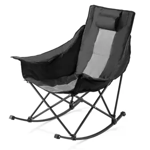 Rocking Camping Chair With Cup Holder And Storage Pocket, Portable Folding Rocker, Heavy-Duty Lawn Chair Recliner Supports 225 Lbs, Fully Padded Outdoor Patio Garden Chair For Backyard Porch Camping