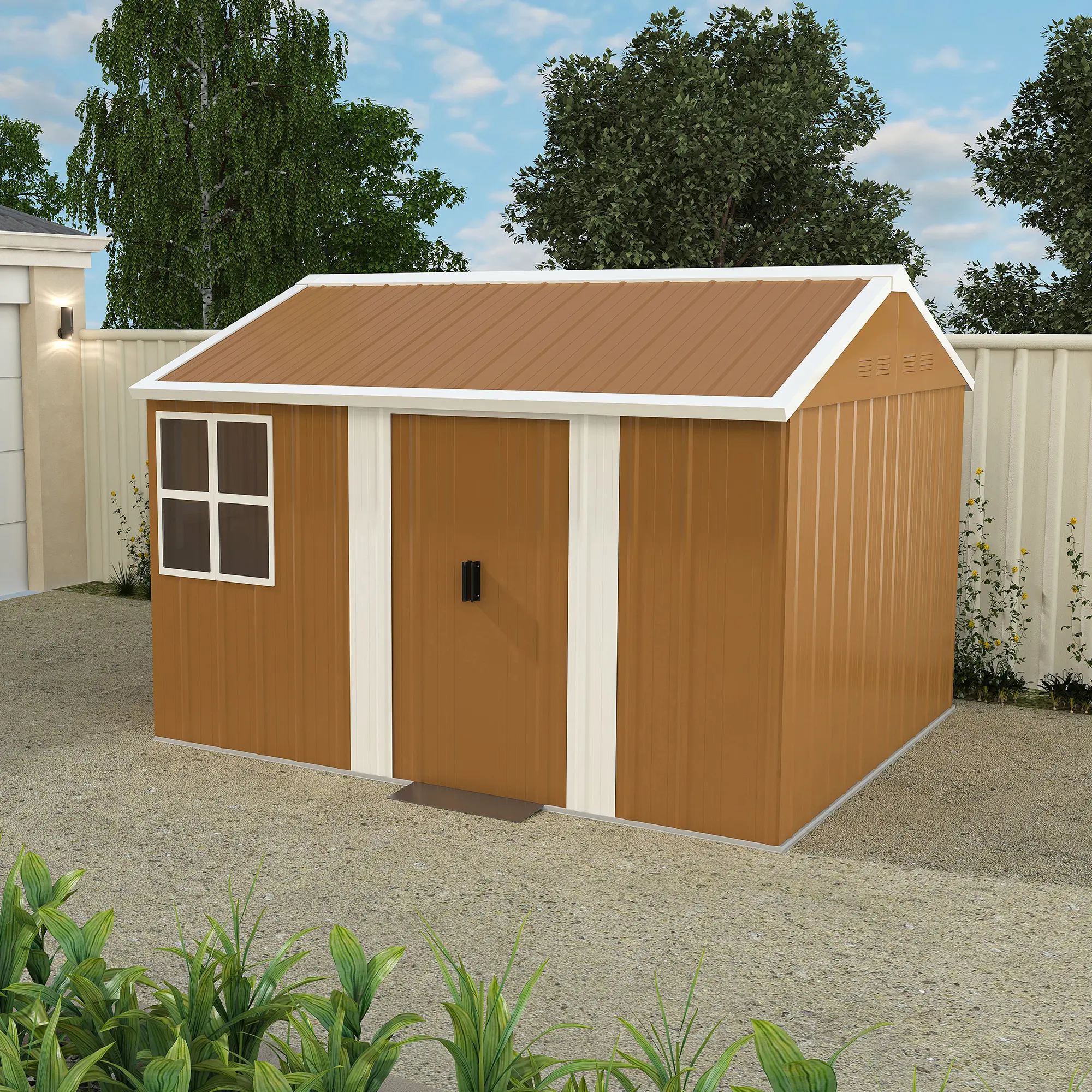 Durable Garden Shed - 8x10 FT Metal Outdoor Storage Unit with Lockable Doors, Windows, Rainproof Sunproof Roof, Ventilation Slots, Pre-Drilled Parts for 2-4 Adults’ Backyard Bikes & Patio Trimmers Organization