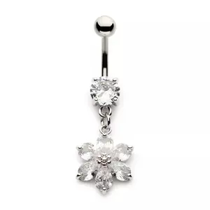 CZ Crystal Six Petal Flower Dangling Belly Button Ring - 316L Stainless Steel