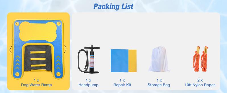 WARMOUNTS Inflatable Dog Water Ramp, Floating Dock Platform for Big Dogs (Up to 220 LBs) with Ladder, Ropes, Non-Slip Pad, High Visibility Dogs Safety Ramp for Pool, River, Boat