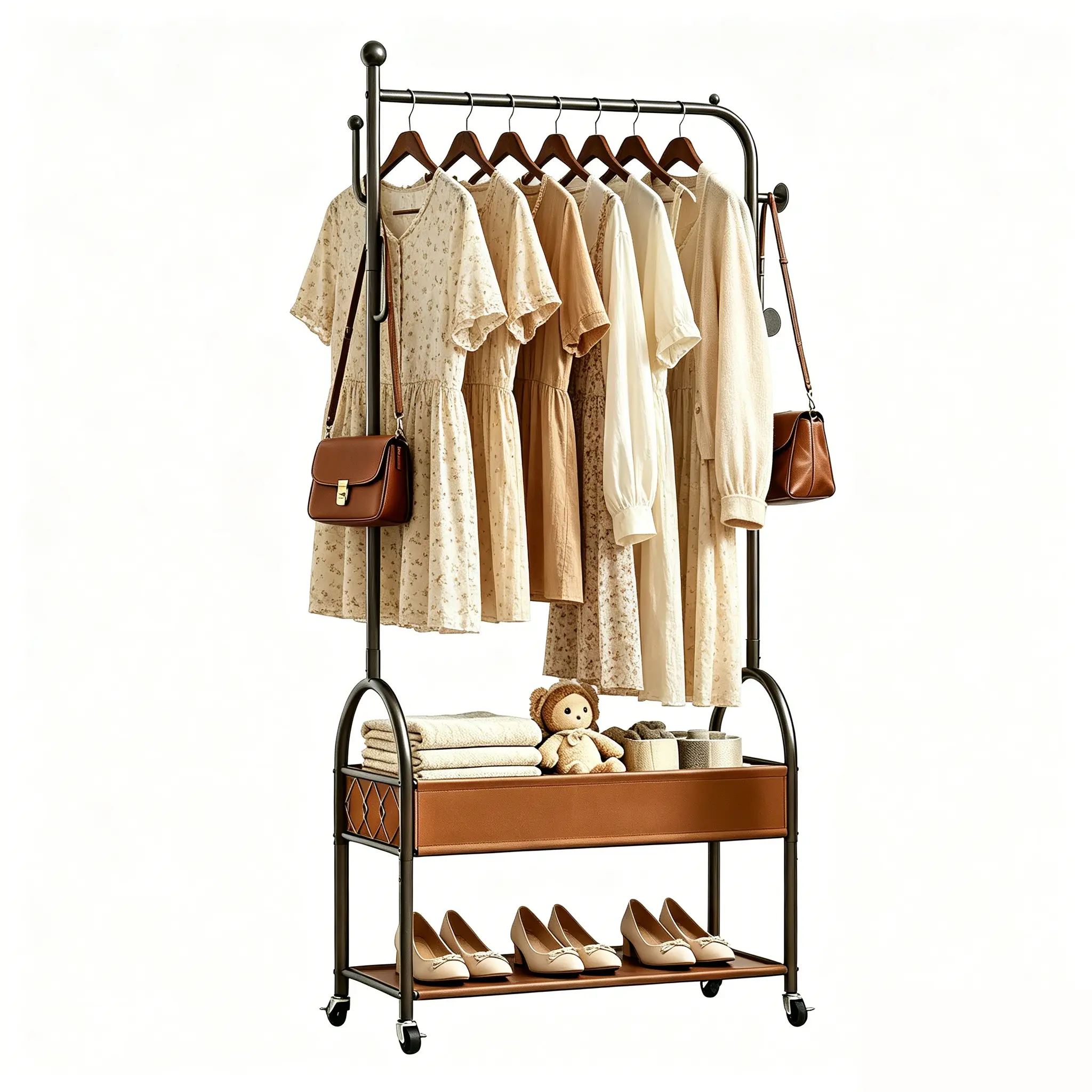 All-in-1 Heavy-Duty Rolling Clothes Rack with Extra Thick Frame, Metal Shelves, Shoe Shelf & Hooks - Durable Freestanding Home Organizer for Small Apartments, Bedroom, Dresses & Jackets