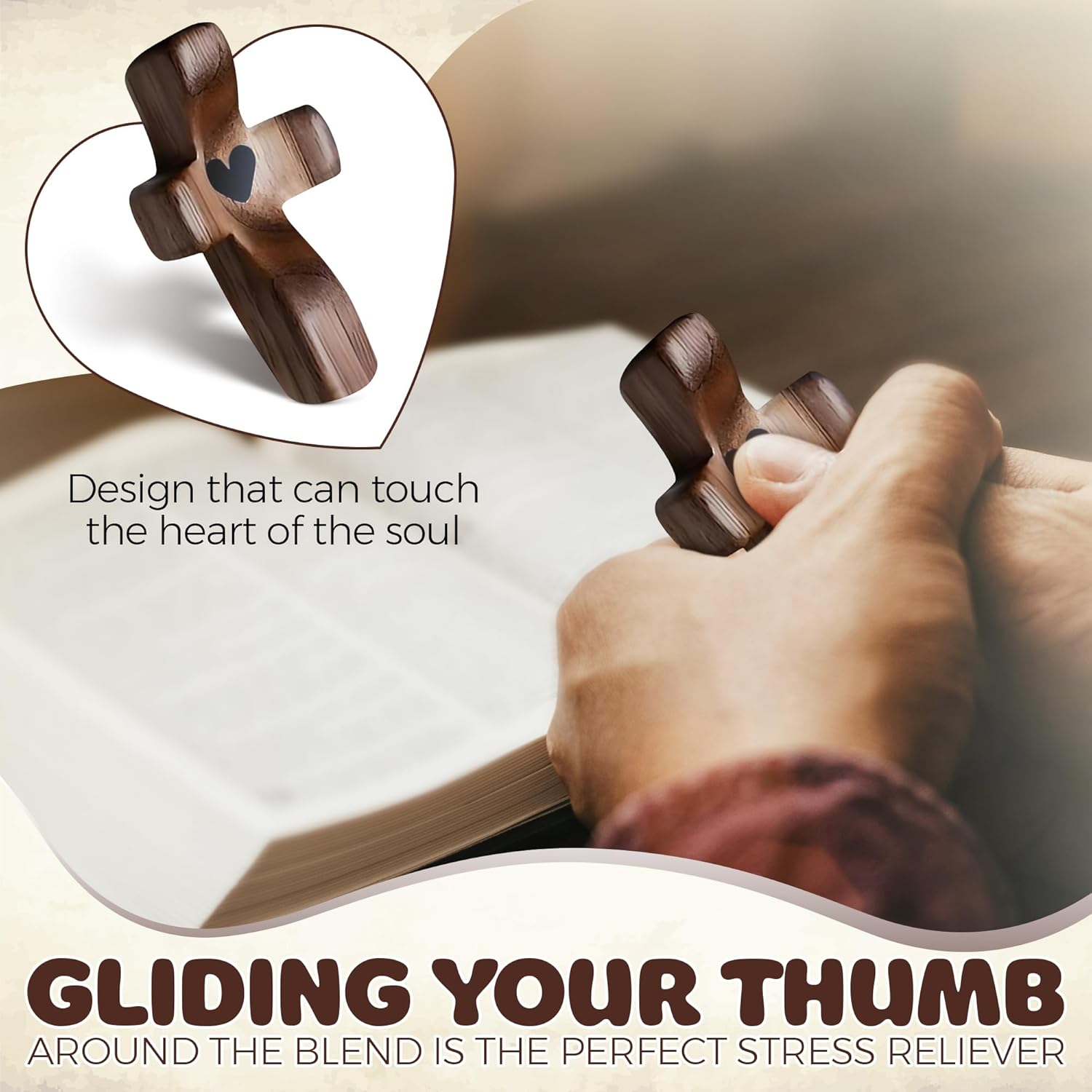 Wooden Cross Fidget, Cross My Heart Walnut Pocket Crosses for Anxiety Relief & Prayer Christian Gifts Fidget Toys for Children and Adults