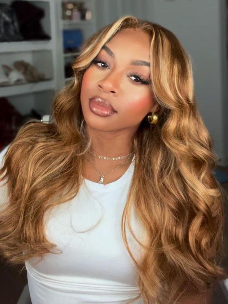 【30 Inch Only $89】Anyweek Honey Blonde Ombre Lace Front Wig Human Hair Highlight Body Wave 13x6 Lace Front Wigs Pre Plucked 180 Density Glueless HD Lace Frontal Wig for Women 4/27 Colored