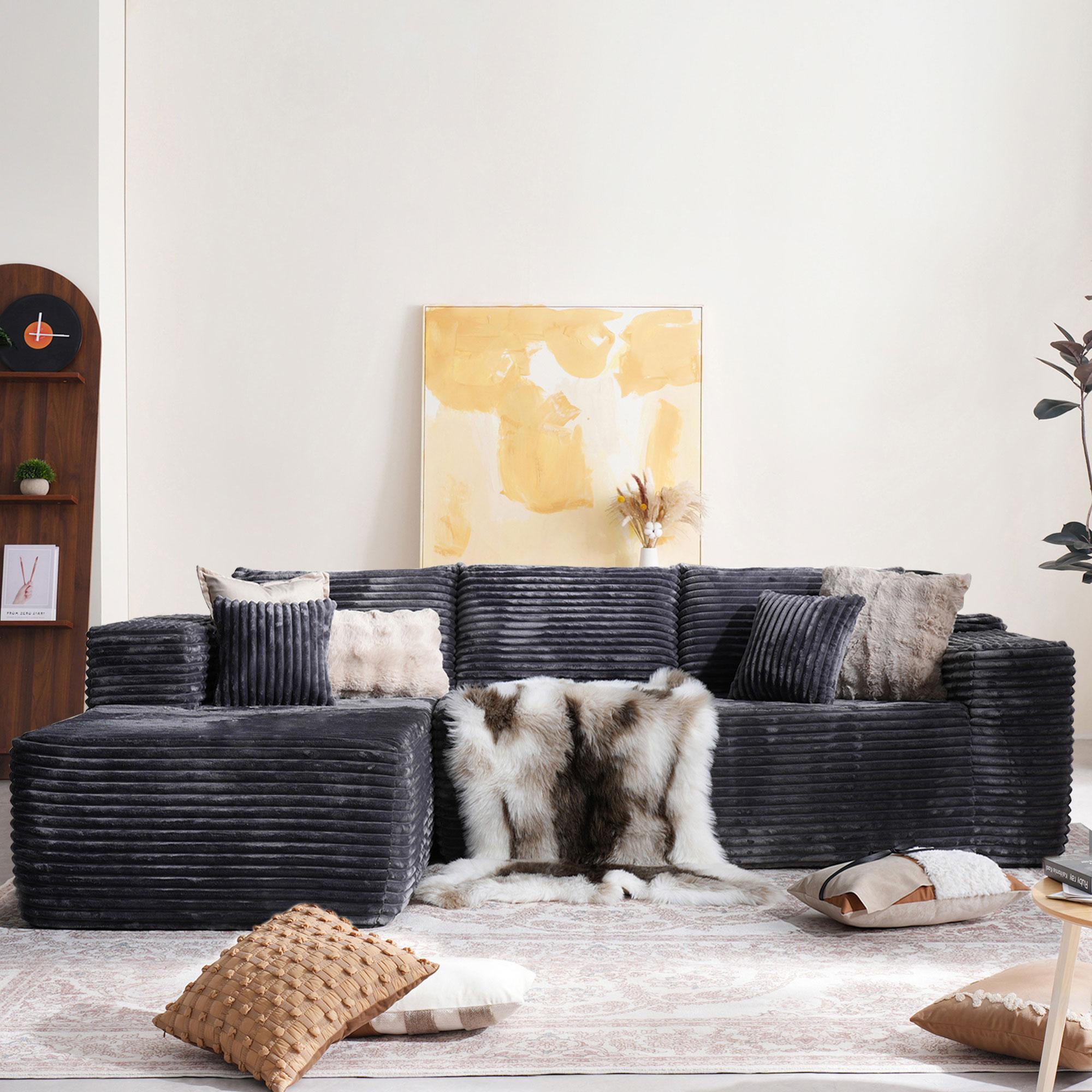 【3 Packages Shipping】Ovios 104" Modular Couch with Chaise and 59" W Oversized Round Sofa Bed - L-Shaped Sectional Sofa Set with Flexible Configuration, Plush Corduroy Cloud Velvet Fabric,No Assembly Required, 5 Seater