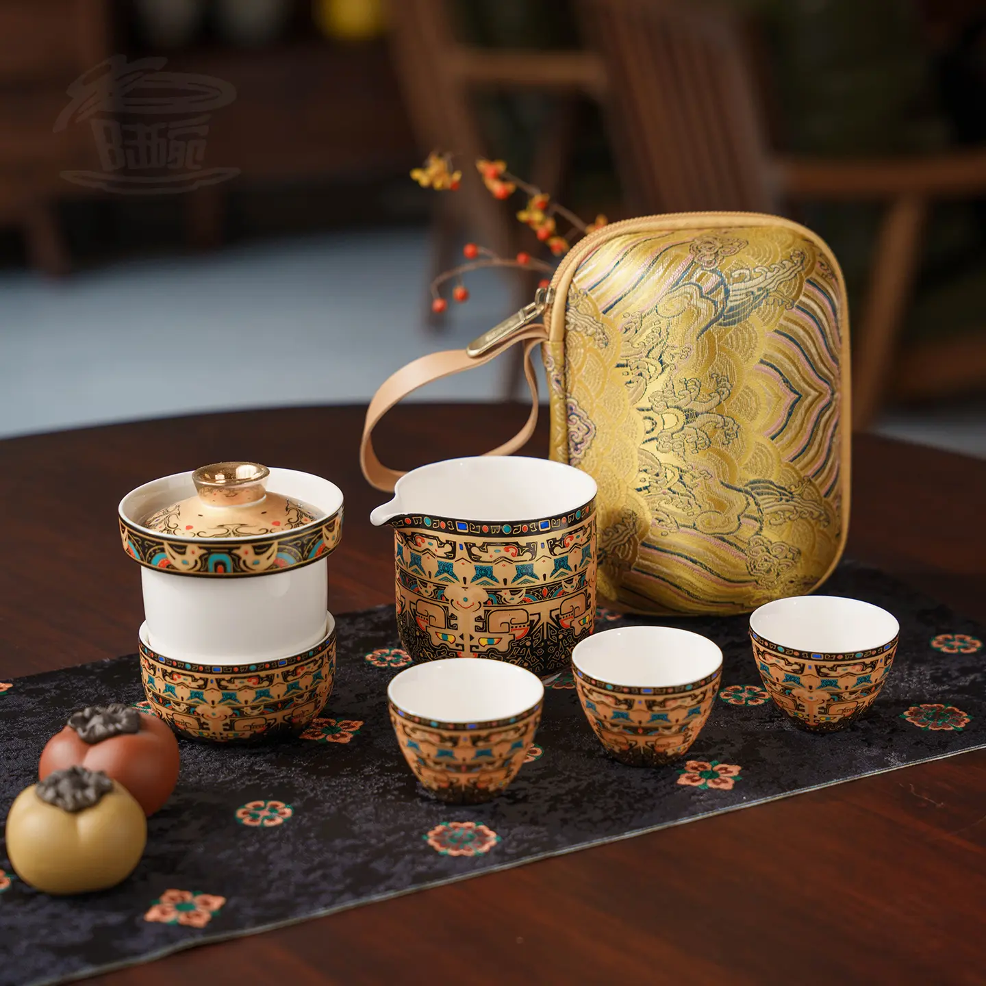 Gilded Tangka Portable Travel Tea Set - 1-Pot 3-Cups, Water Isolation Design, High-End Kitchenware with Carry Bag, Retro, Ceramic