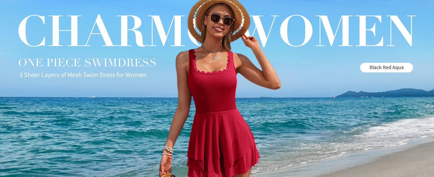 Charmo Women One Piece Swim Dress Tummy Control Swimsuit Full Coverage Bathing Suit Mesh Sheer Swim Skirt Swimwear