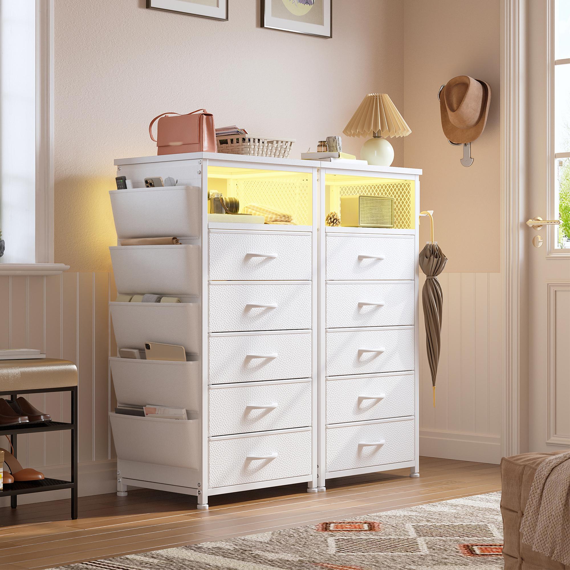 [with Free Gifts] Raybee LED Nightstand with Charging Station, Set of 1-2 Side Table with 5 Dresser Drawers, Tall LED Nightstands with USB Ports & Outlets, White End Table with Side Bag & Storage Shelf, Bedroom Furniture, Cabinet