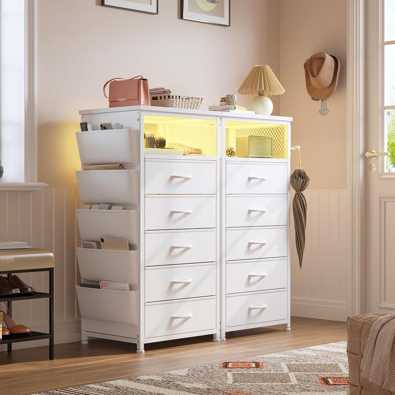 [with Free Gifts] Raybee LED Nightstand with Charging Station, Set of 1-2 Side Table with 5 Dresser Drawers, Tall LED Nightstands with USB Ports & Outlets, White End Table with Side Bag & Storage Shelf, Bedroom Furniture, Cabinet