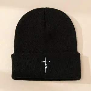Faith Cross Embroidered Beanie | Unisex Winter Knit Hat for Men & Women | Christian Gifts Streetwear Aesthetic Black