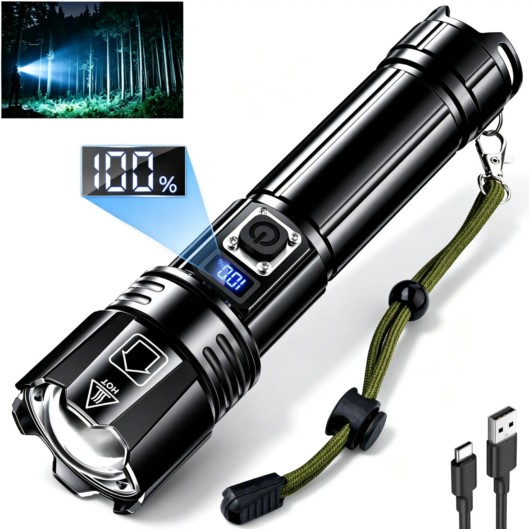 AKNEAR 99000 High-Lumen Super Bright Flashlight with Zoomable | 5 Light Modes | IPX7 Waterproof | USB C Rechargeable, Powerful Handheld LED Flash Light for Home Emergencies Camping camp focus