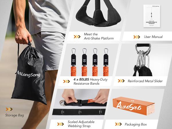 ALongSong Pro Pull-Up Assist Bands Heavy-Duty 320-400lb Adjustable Resistance for Home Gym & Outdoor Training with Extra-Wide Footplate & Carry Bag - Workout Straps