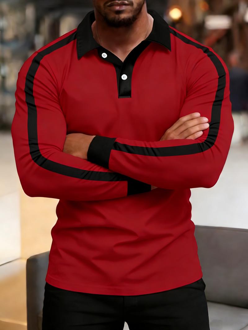 2026 Men's slim-fit long-sleeve polo shirt, made from soft and comfortable fabric, featuring a red and black contrast double-button collar, color-blocked cuffs, and side stripe accents, perfect for everyday wear and casual styling.