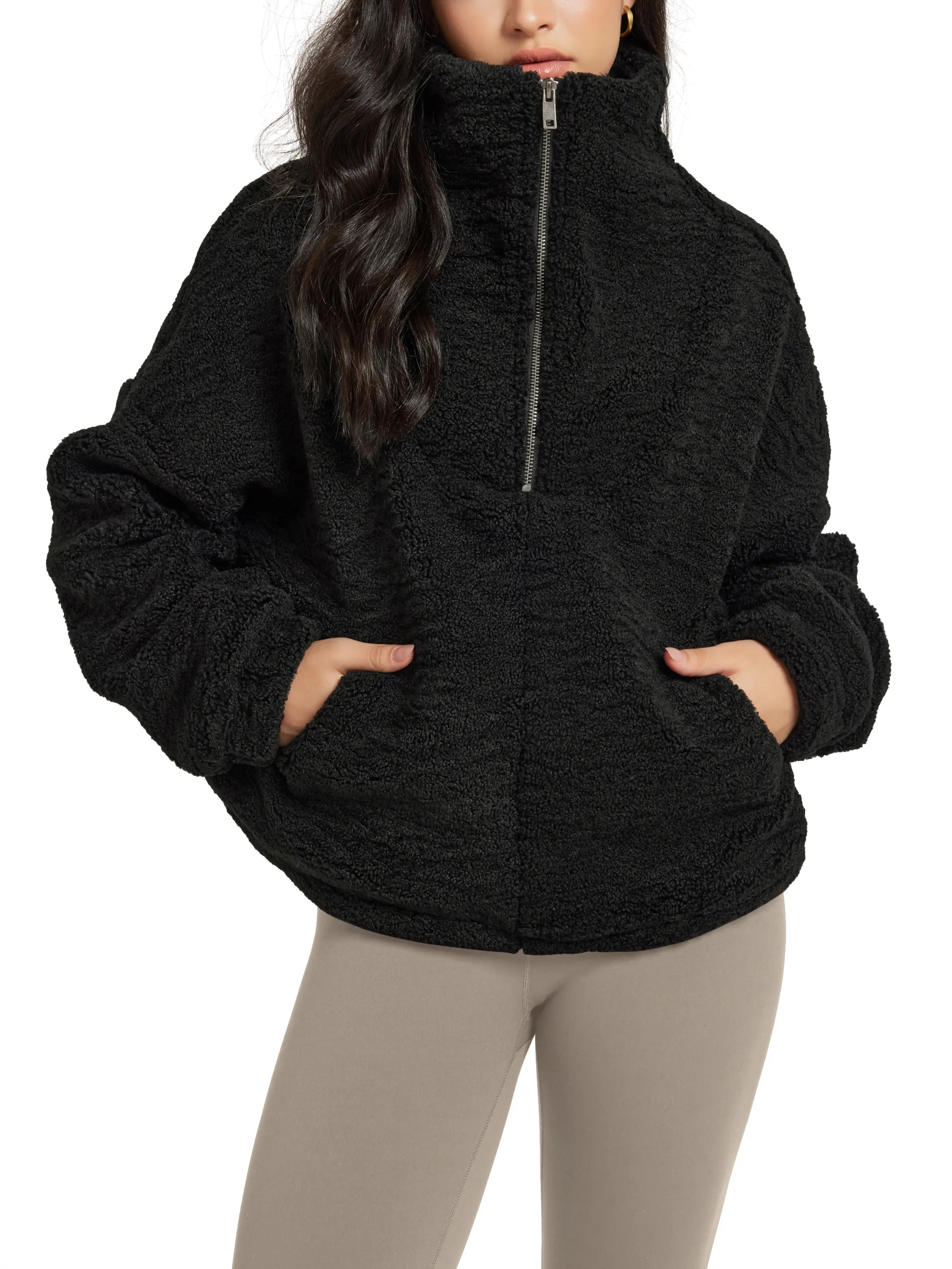 ODODOS Women's Thick Sherpa Fleece Half-Zip Pullover - Casual Chic Long Sleeve Sweatshirt with Cinchable Waist, Zipper Closure, and Pockets for Everyday Outerwear