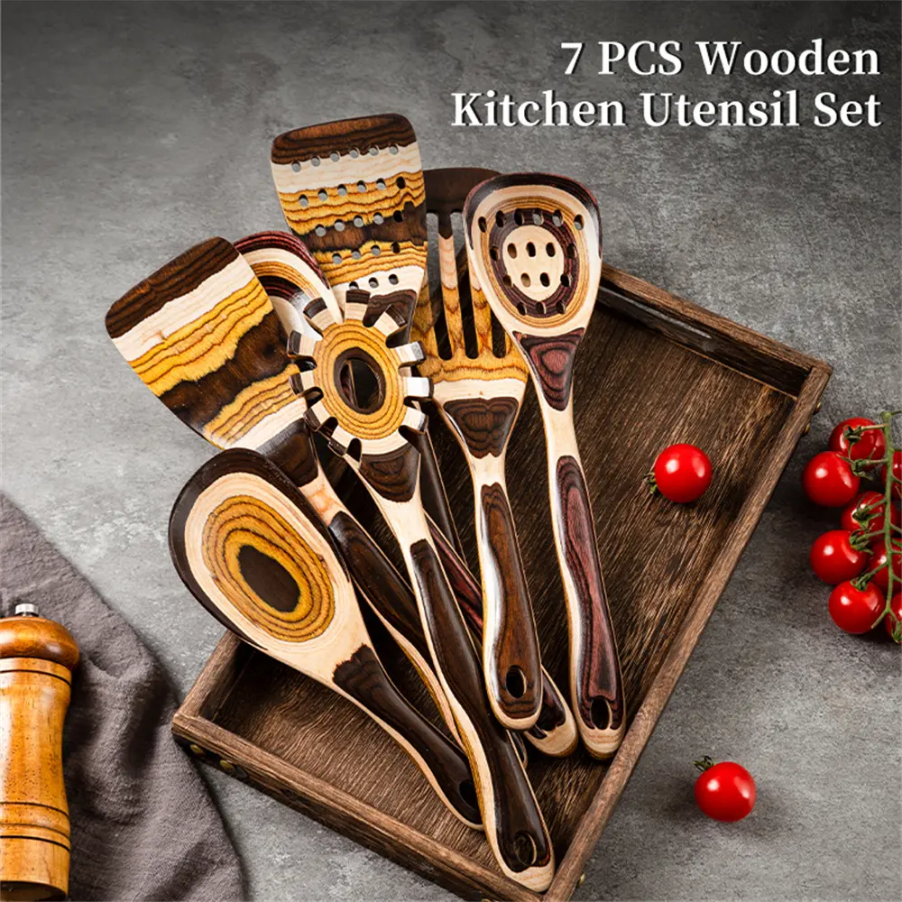 7-Piece Brown Pakkawood Utensils Set – Sturdy, Eco-Friendly, Wooden Spoons for cooking, Wooden Utensil for cooking, Wooden Kitchen Tool, Home & Kitchen Gifts for Men and Women