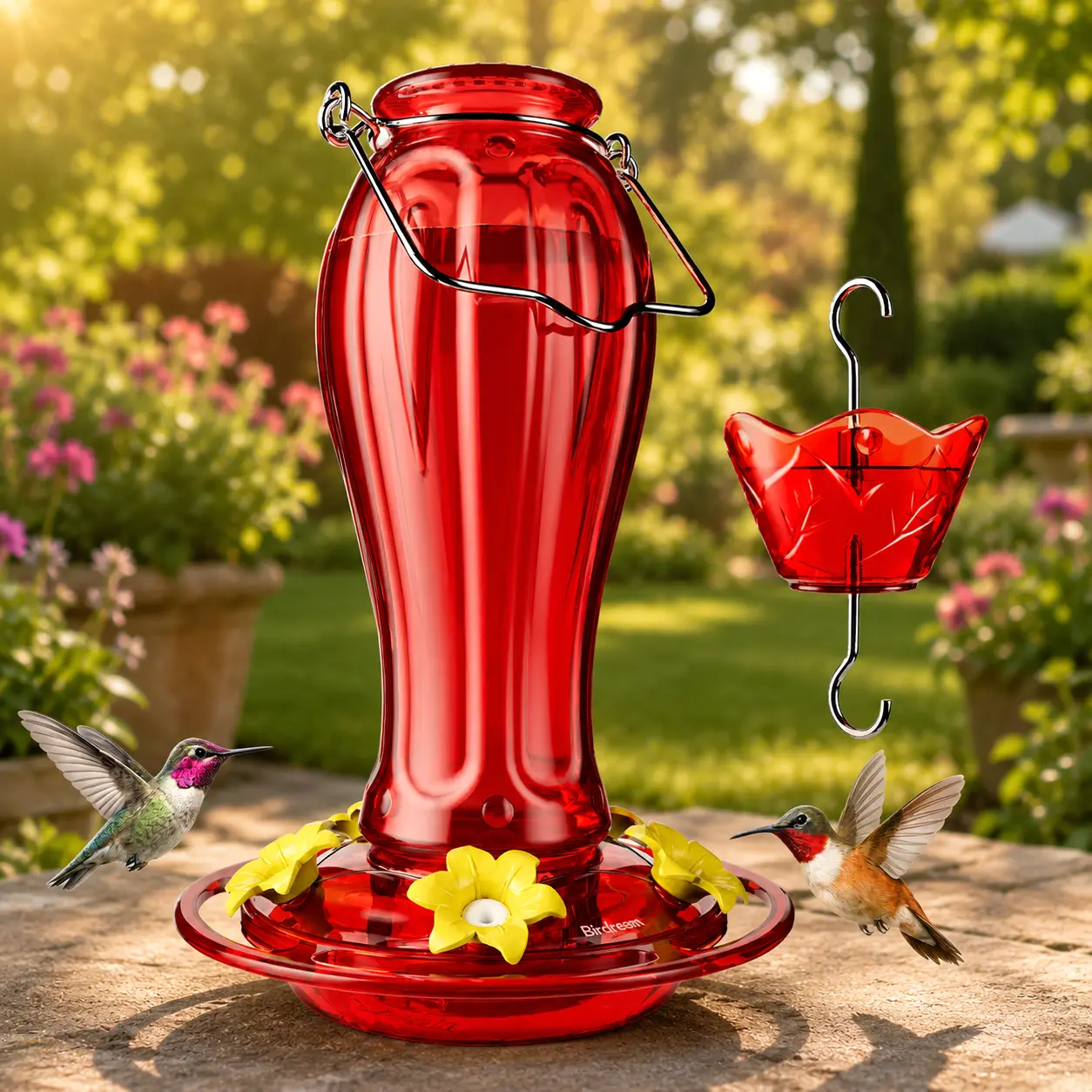 Birdream Glass Hummingbird Feeder for Outdoors - 18oz Hanging Bird Feeder with 5 Feeding Ports & Built-in Ant Moat, for Garden Patio, Ideal Gift for Women Mom, All Red