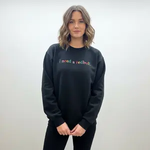 I need a redbull custom embroidered crew neck shirt 50/50 Gilden Cotton Polyester blend. Small business. Energy drink. Snarky sassy funny