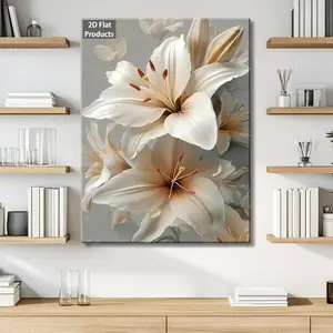2D Flat New Year Celebration Picture Frame| White Lilies on Grey Background, Pine Wood Frame, Wrapped, Suitable for Home, Office, Bedroom, Living Room, Kitchen, Restaurants, Indoor and Outdoor Use, Retro, Americana, Art Deco Style	