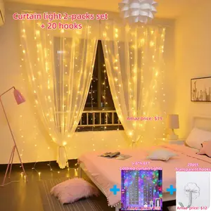 Giaki 300 LED Curtain Lights 9.8x9.8 ft Warm White Romantic Fairy Lights for Bedroom Valentine's Day Plug-in with 20 Hooks Bonus String Light IP54 Waterproof Party Decoration Supplies