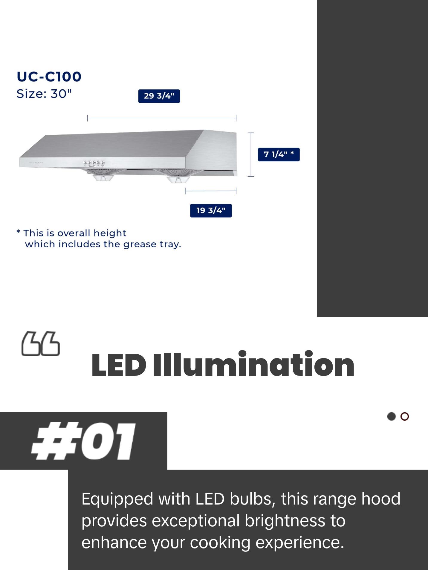 Hauslane | Chef Series Range Hood C100 30" Under Cabinet Kitchen Extractor | Stainless Steel Electric Stove Ventilator | 3 Speed Settings | Energy Efficient LED Lamps | Fits 6 Inch Round Ducts