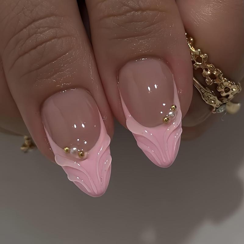 24PCS French Tip Press On Nails Medium Almond Pink Fake Nails with Embossed Flower Gold Beads Rhinestones Glue On False Nails Kit for Women Manicure