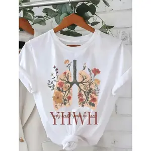 Spiritual Symbolism T-Shirt, Lungs Graphic With Flowers, "YHWH" Text, Devotional Design, Cotton Casual Tee, Unisex Spiritual Wear