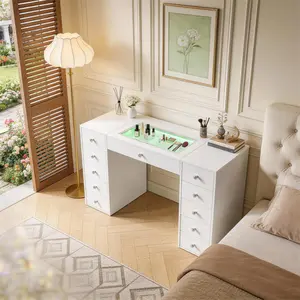 VANITII Vanity Desk with 11 Drawers and RGB Lights 51'' Large Makeup Vanity Table with Glass Top and Crystal Handles White