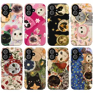 Whimsical Cute Cat Phone Case – Adorable Cat Illustration with Floral, Star & Fairy Tale Aesthetic Cover for iPhone 11 12 13 14 15 16 17 Pro Max & Samsung Galaxy S22–S25 Plus Ultra| Kawaii Vintage Cat Lover Gift
