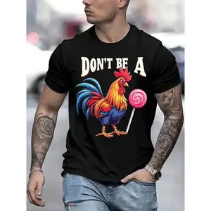 Men'S "Don't Be a Sucker" Cotton T-Shirt - Funny Rooster & Lollipop Graphic, Casual Short Sleeve, Black, 220g/ ㎡ , Novelty Gift for Him, Everyday Tshirt |   Humorous Graphic Tee |   Cotton Tshirt