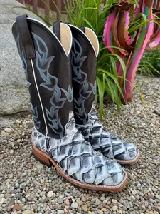 Anderson Bean Women's Ivory Eclipse Big Bass Pirarucu & Carbon Blue Milan Top Cowgirl Boots 336977