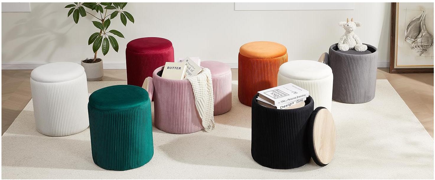 Tekinor Round Ottoman with Storage Set of 2, Vanity Stool with Storage for Bedroom, Ottoman Coffee Table,Small Velvet Foot Stool for Living Room, White