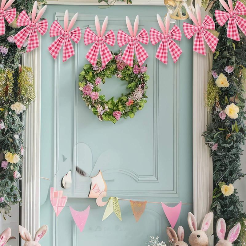 Easter Bow Garland Pastel Fluffy Tulle Satin Bow Banner Bunny Ear Plaid Pink Bow Garland Cute Hanging Wreath Garland for Mantle Fireplace Wall Door Mantel Decor, Spring Indoor Outdoor Home Table Backdrop Easter Decor 2026 Festive Party Supplies & Gifts