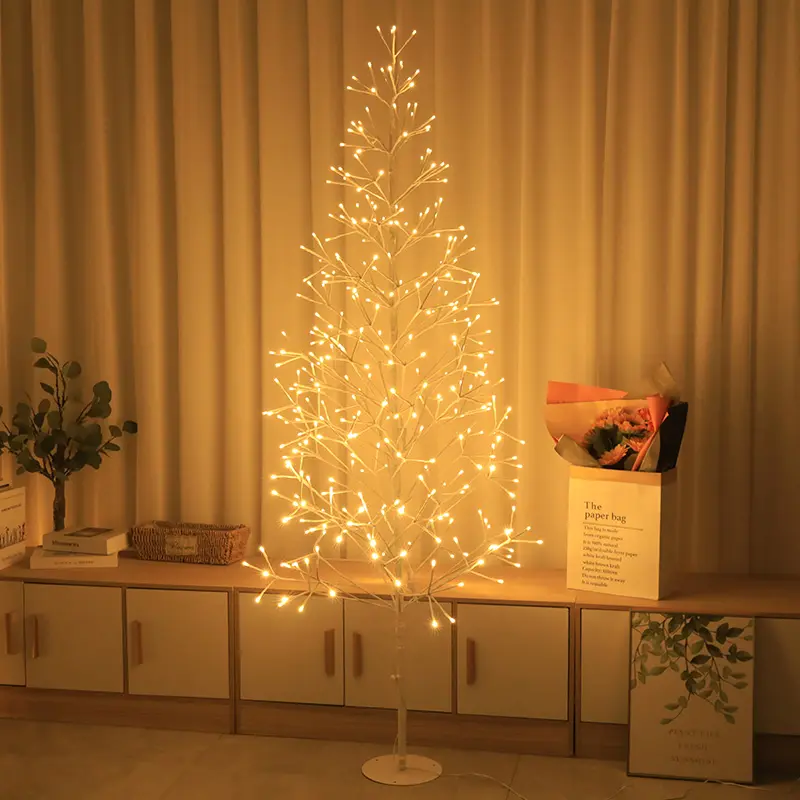 White Artificial Christmas Tree LED Post Light - 4-in/5-ft/6-ft Decorative Decoration Ornaments, 8 Dimming Modes, Ideal for Home Holidays, Weddings, Parties, Floor Lamp