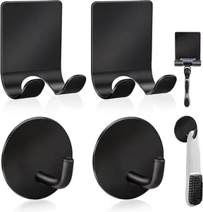 Razor Holder 304 Stainless Steel for Shower + Adhesive Sticky Heavy Duty Waterproof Wall Hooks, Premium for Hanging Towels, Coat, hat (2+2 Pack) - Black