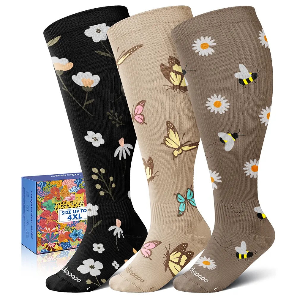 Lalapapa Women's Wide Calf Compression Socks, 3-Pair Plus Size 20-30mmHg Playful Sports Socks with Ankle Support, Easy On/Off for Travel, Nurses, Compression Socks Women,camping essentials