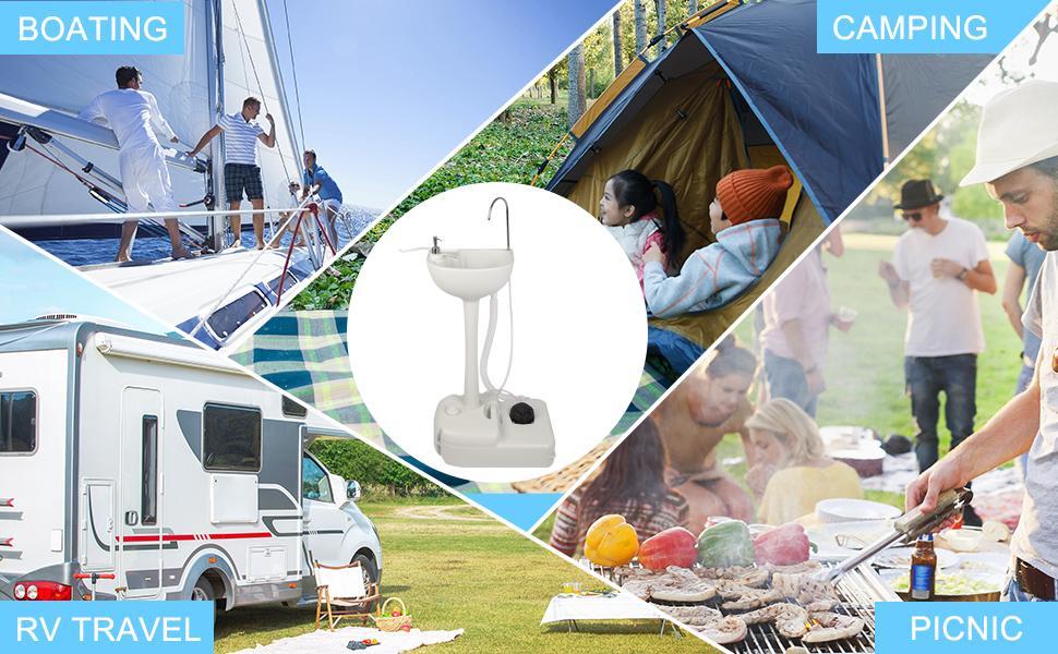 Ubesgoo Portable Camping Sink w/ 19L Water Tank Rolling Wheels Towel Holder Soap Dispenser Faucet, Outdoor Foot Pump Washing Station for RV Boat Travel Picnic Worksit