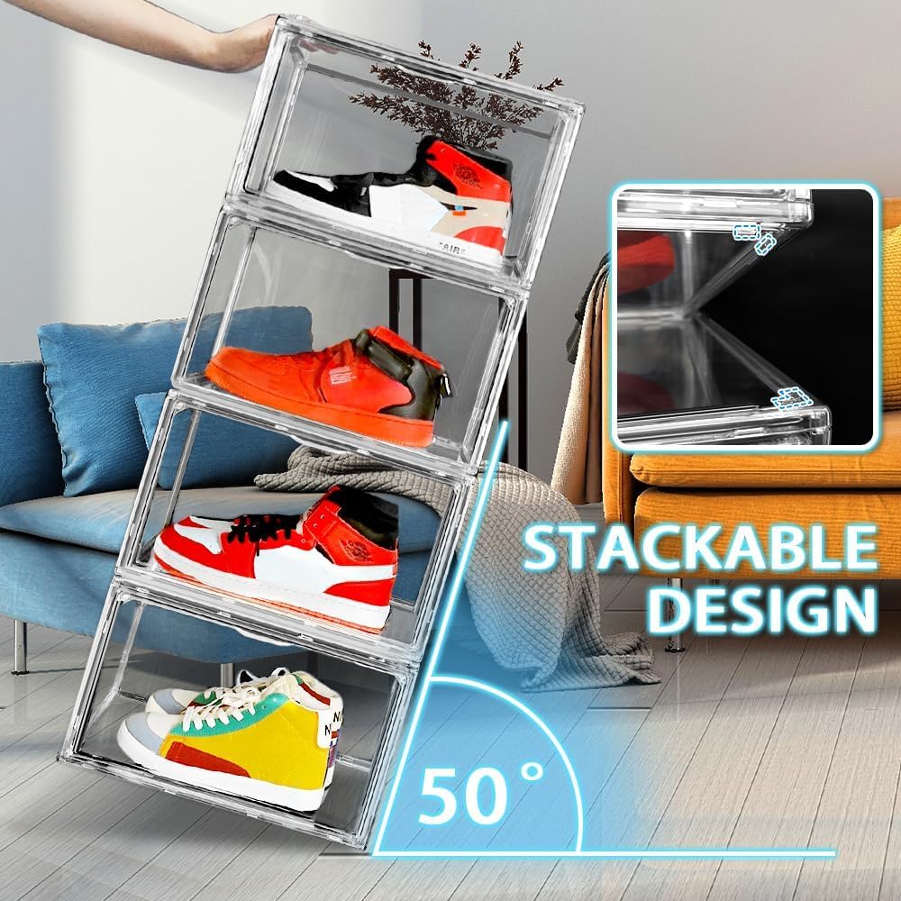 Acrylic Shoe Boxes Clear Stackable 4Pack Sneaker Storage for Sneakerheads Display Case Shoe Organiser Plastic Set Adjustable Acrylic Shoe Boxes Clear Stackable 4Pack Sneaker Storage for Sneakerheads Display Case Shoe Organiser Plastic Set Adjustable