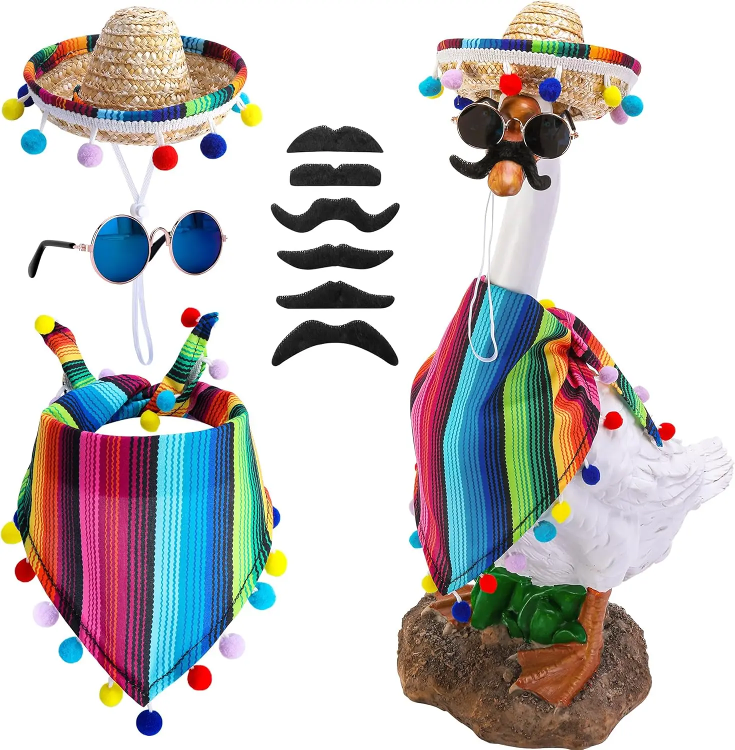 4 Pcs/Set Mexican Porch Goose Outfits, 23"/ 17" Lawn Goose Statue Clothes Costume for Cinco De Mayo, Garden Goose Clothes Mexican Sombrero with Bandana Scarf Beard Glasses for Patio Yard Decoration