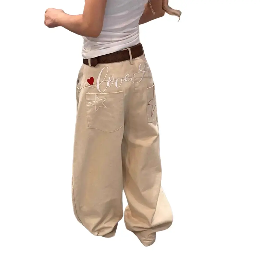 Wide Leg Baggy Jeans - High Waisted Cream Pants with Star Love Embroidery Y2K Streetwear Style Flattering Relaxed Fit for Women Versatile Casual Pants for Daily Wea