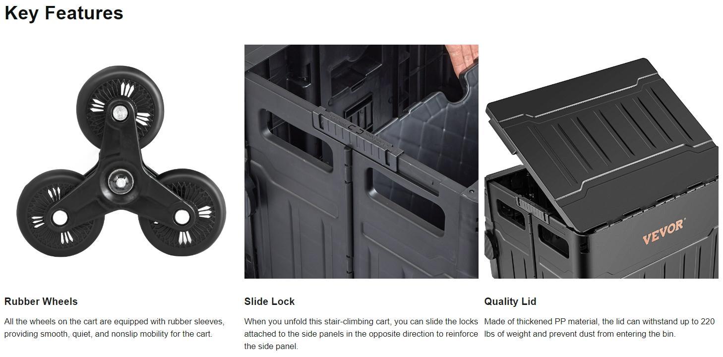 VEVOR Foldable Stair Climbing Foldable Shopping Cart, TikTokShopBlackFriday, 155 lbs Collapsible Teacher Cart, Portable Rolling Crate Handcart with Telescoping Handle & Lid, Foldable Grocery Cart Utility Cart Multipurpose