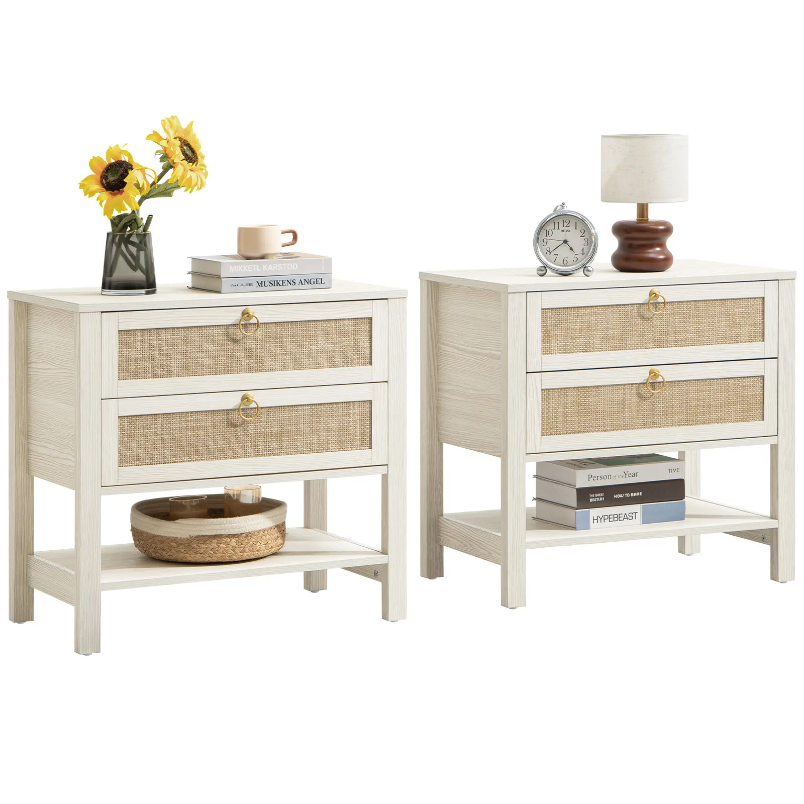 SICOTAS White Night Stand with Drawers and Storage Shelf - 15.5" x 26.7" x 25.6" Size Large Nightstands Rattan Decor Boho Bedside Table Narrow Side Table for  Small Space Bedroom Living Room Office, Ample Storage,dorm essentials,home decor