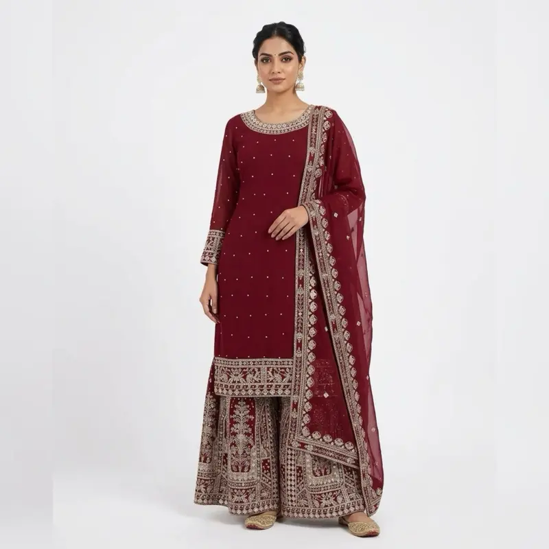 Women's Red Traditional Indian Costume - Intricate Embroidery Dress with Matching Accessories for Casual Wear, Costumes, Clothes, Lady