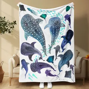 Aura Blankets 1PC Flannel Whale Shark Ocean Blanket, Soft Cozy Throw with Marine Life Print, Lightweight Warm Fleece Blanket for Kids Room, Couch, Travel & Beach Decor