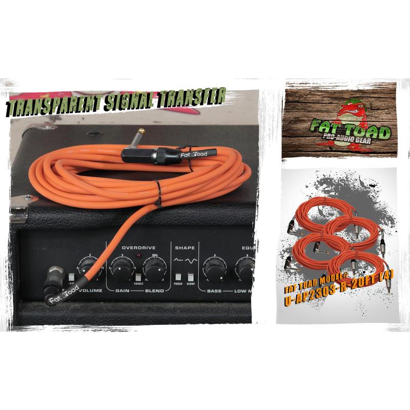 Guitar Cords (4 Pack) Right Angle Instrument Cable by FAT TOAD | 20FT 1/4 Inch Straight-End Wires for Electric Guitar, Bass, Keyboards & Music Sound Recording Studio | Shielded 24 AWG Patch Conductor