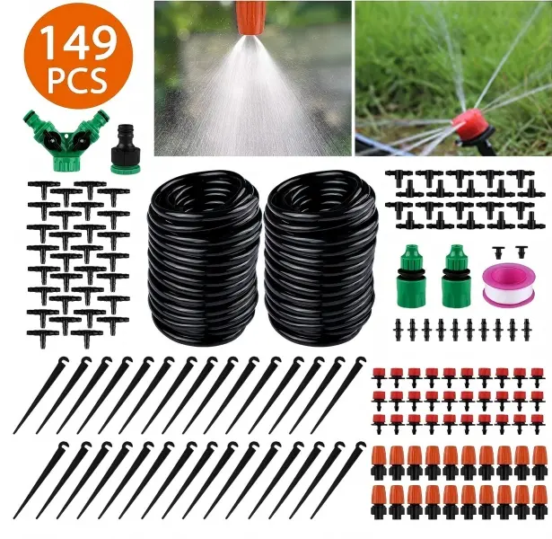 Drip Irrigation Kit 100FT 149PCS Adjustable Garden Watering System with 1/2" & 1/4" Tubing for Greenhouse Patio Lawn Vegetable Garden Tool-Free Setup 75% Water Conservation