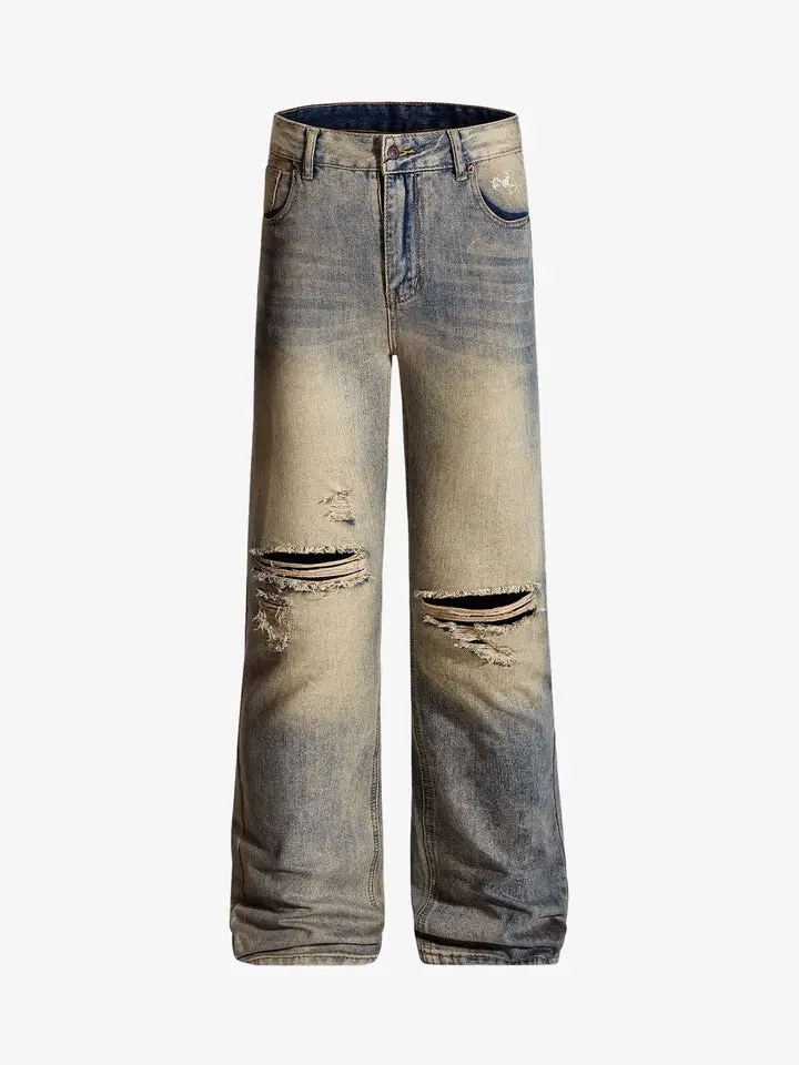 Thesupermade  Vintage Distressed Ripped Wide Leg Jeans