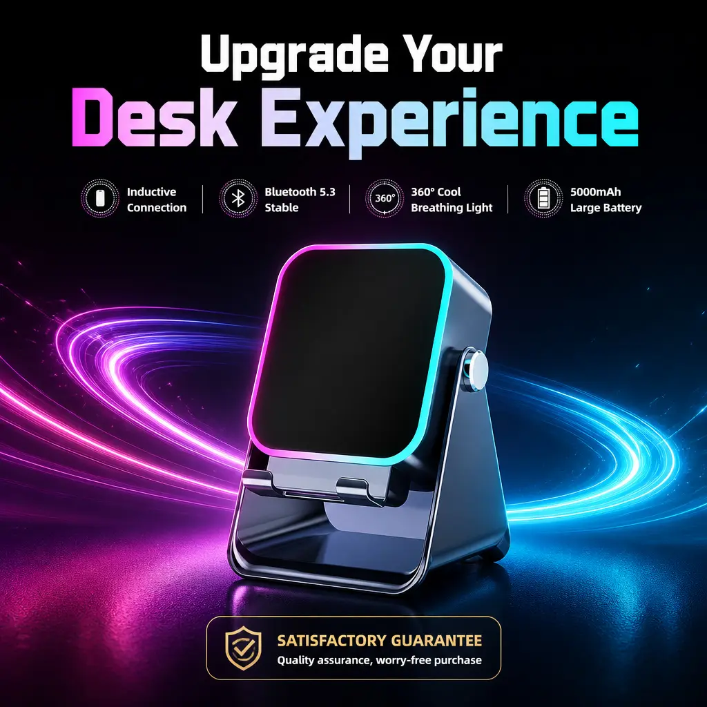 RGB Induction Bluetooth Speaker Phone Stand with 5.3 Dual-Mode, RGB Rhythm Sync Light, 5000mAh Battery, Adjustable Desk Holder & USB-C Charging Port for Gaming, Office | Compatible with iPhone, Android, Tablets