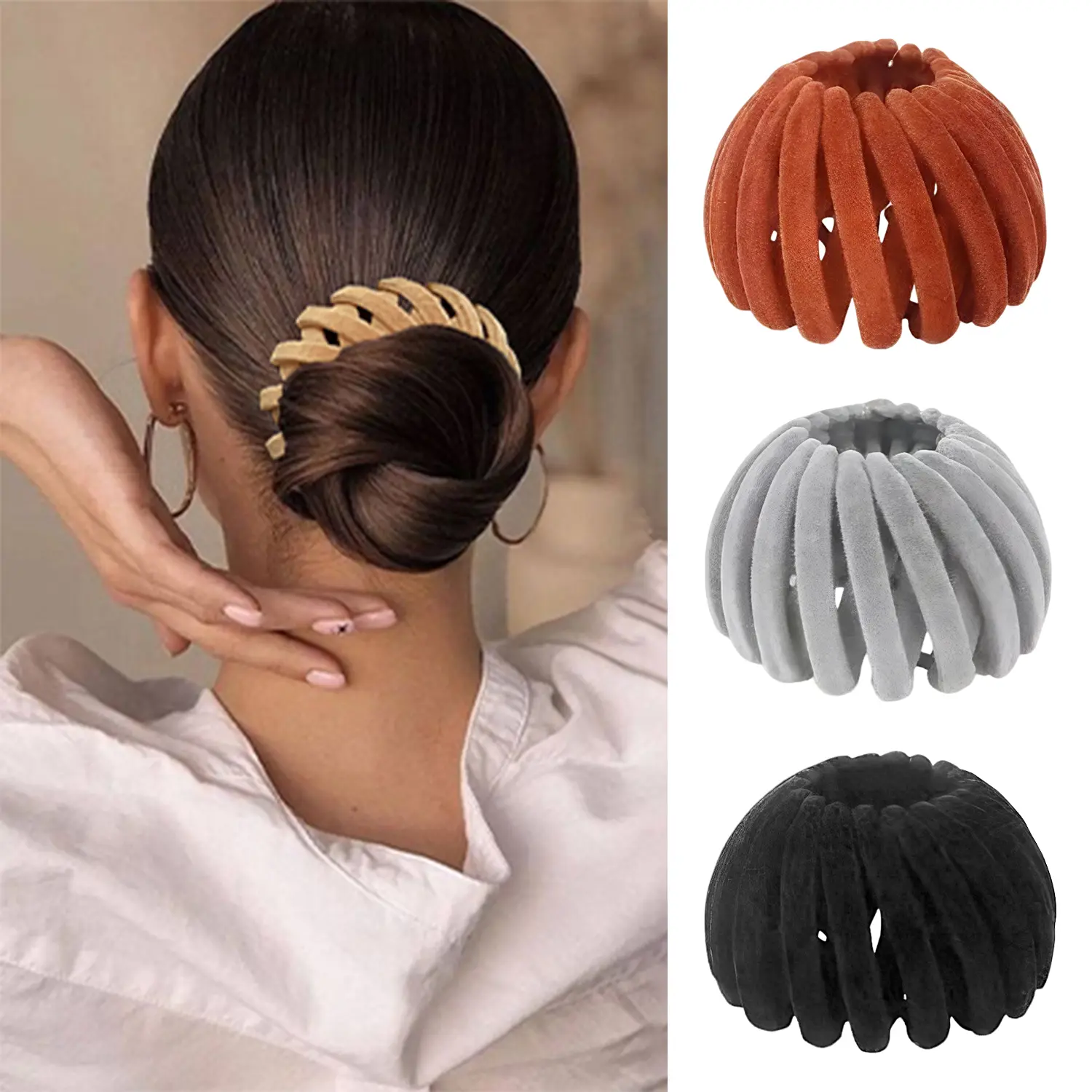 3PCS Bird Nest Magic Hair Clip Set for Women, Expandable Velvet Lazy Bun Maker, Bohemian Style Ponytail Holder Hairpin, Quick Updo Hair Styling Tool, Elegant Hair Accessories for Daily, Party, Wedding Hairstyles