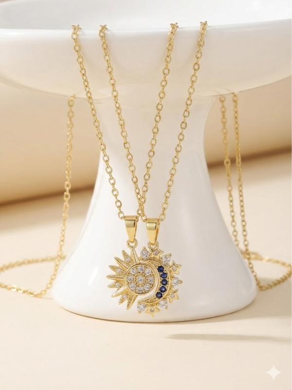 Sun and Moon Couple Necklaces for Women Men, 18K Gold Plated Titanium Steel Pendant Necklace with Cubic Zirconia, Matching Friendship Jewelry Gifts for Boyfriend Girlfriend Anniversary